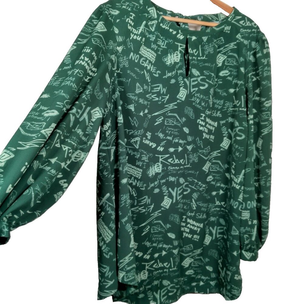Melissa McCartney Seven Shirt Blouse Plus Size 2X Green Graffiti Long Sleeve Top